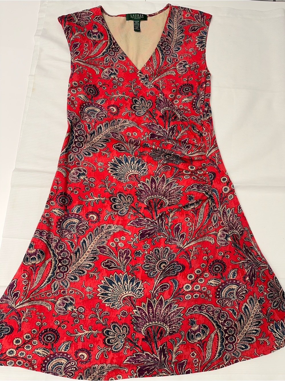 Lauren Ralph Lauren Paisley Faux Wrap Dress | Boho Cottagecore Red Floral Midi P